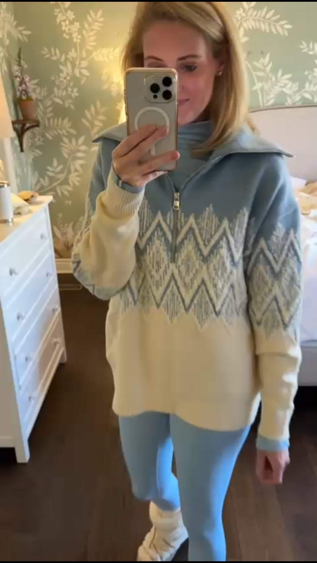 A cozy, soft blue loungewear look featuring a knit half-zip sweater with a classic pattern, matching leggings, and plush winter boots.

#LTKootd