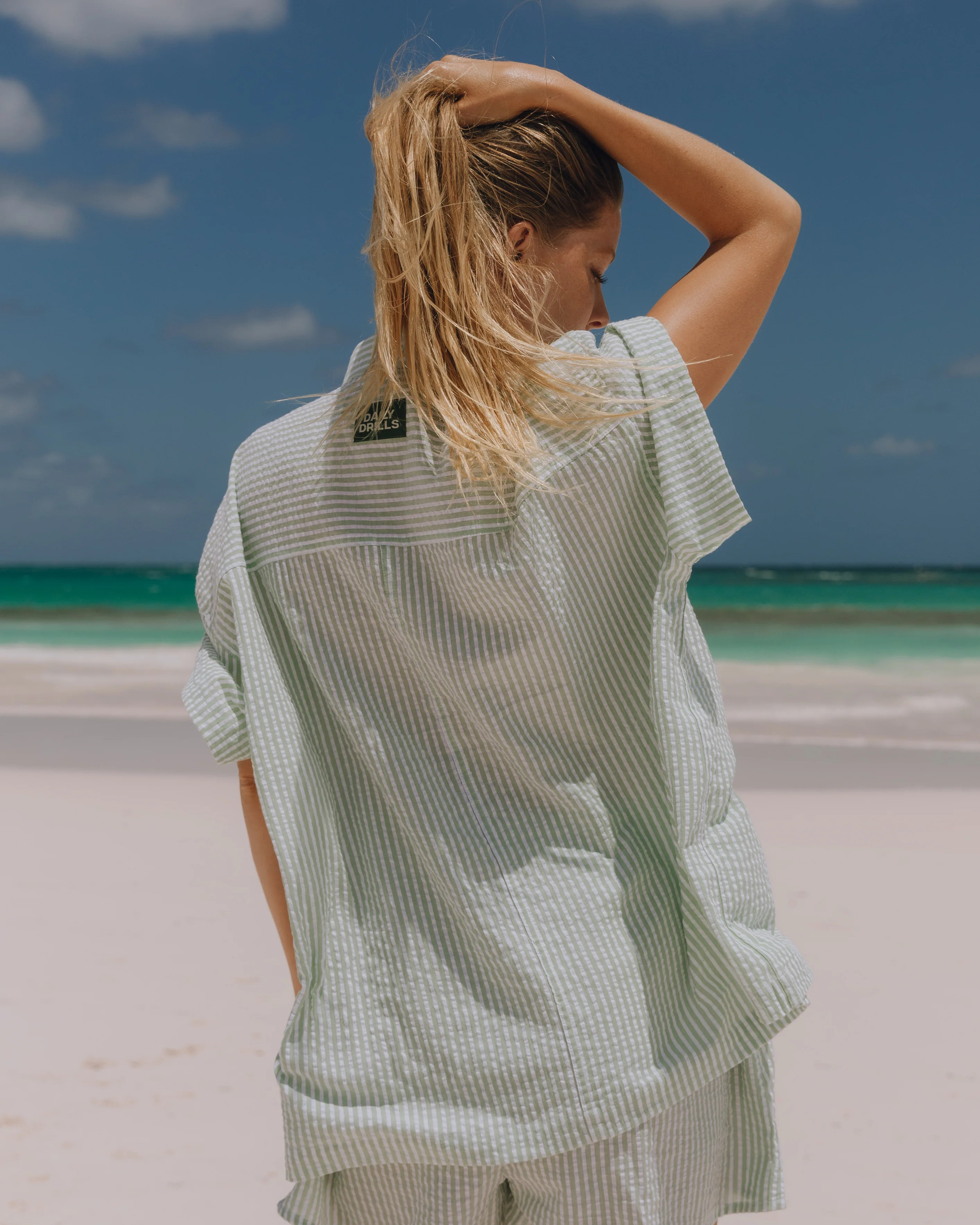 Seersucker Boxy Button Down - Light Green/White Stripe | Daily Drills