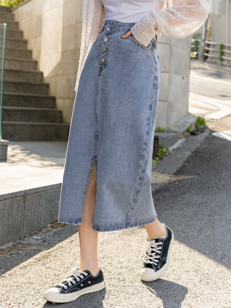 DAZY Button Fly Split Hem Denim Skirt | SHEIN