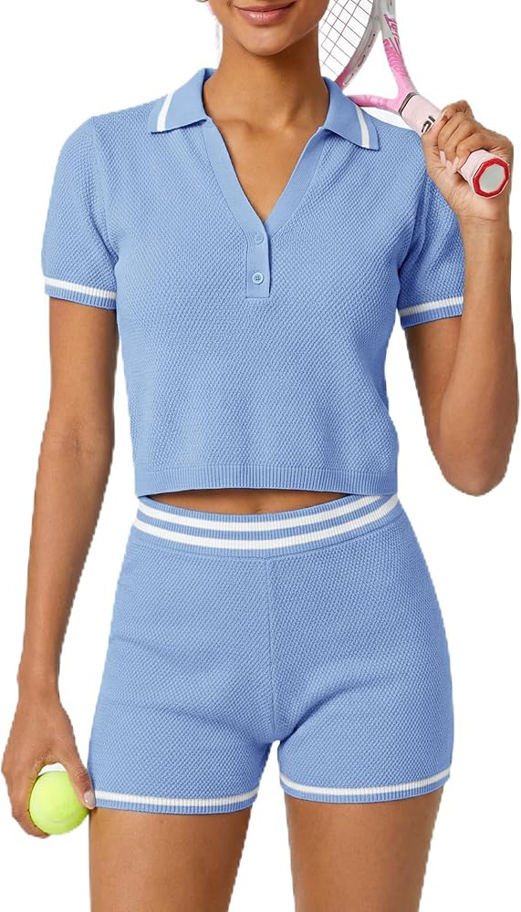 TQD Tennis Workout Sets for Women 2 Piece Athletic Shorts Set Short Sleeve Matching Knit Lounge C... | Amazon (US)