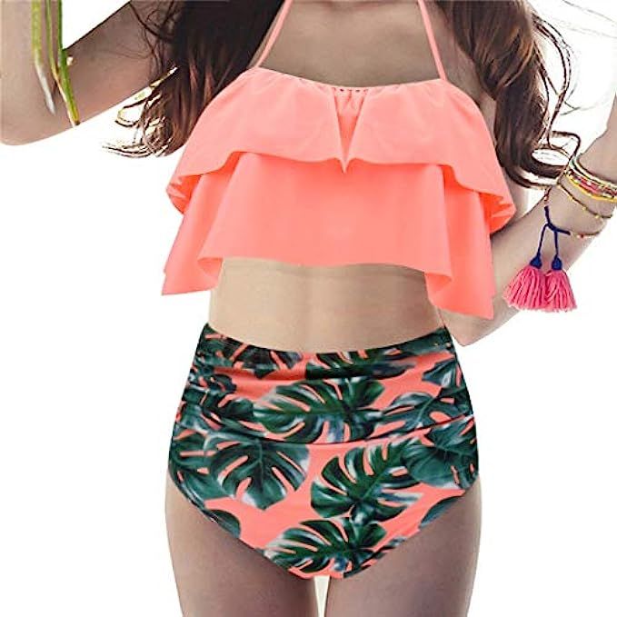 MOSHENGQI Bikini Swimsuits Top Ruffled Tiered Ruched High Waisted Two Piece Bathing Suits for Women | Amazon (US)