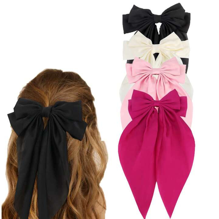 4pcs Bowknot Hair Clips For Girls, Satin Ribbon Long Tail Crocodile Clips Hair Accessories (Black... | SHEIN