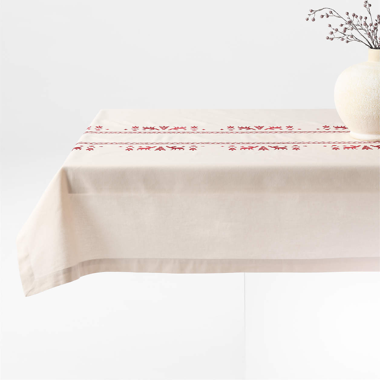 Red Cross Stitch Holiday Reindeer Tablecloth + Reviews | Crate & Barrel | Crate & Barrel