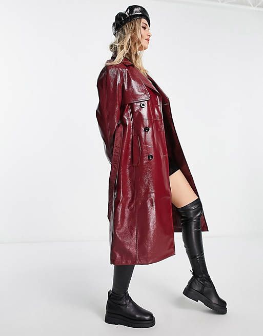 Miss Selfridge vinyl faux leather belted trench coat in burgundy | ASOS (Global)