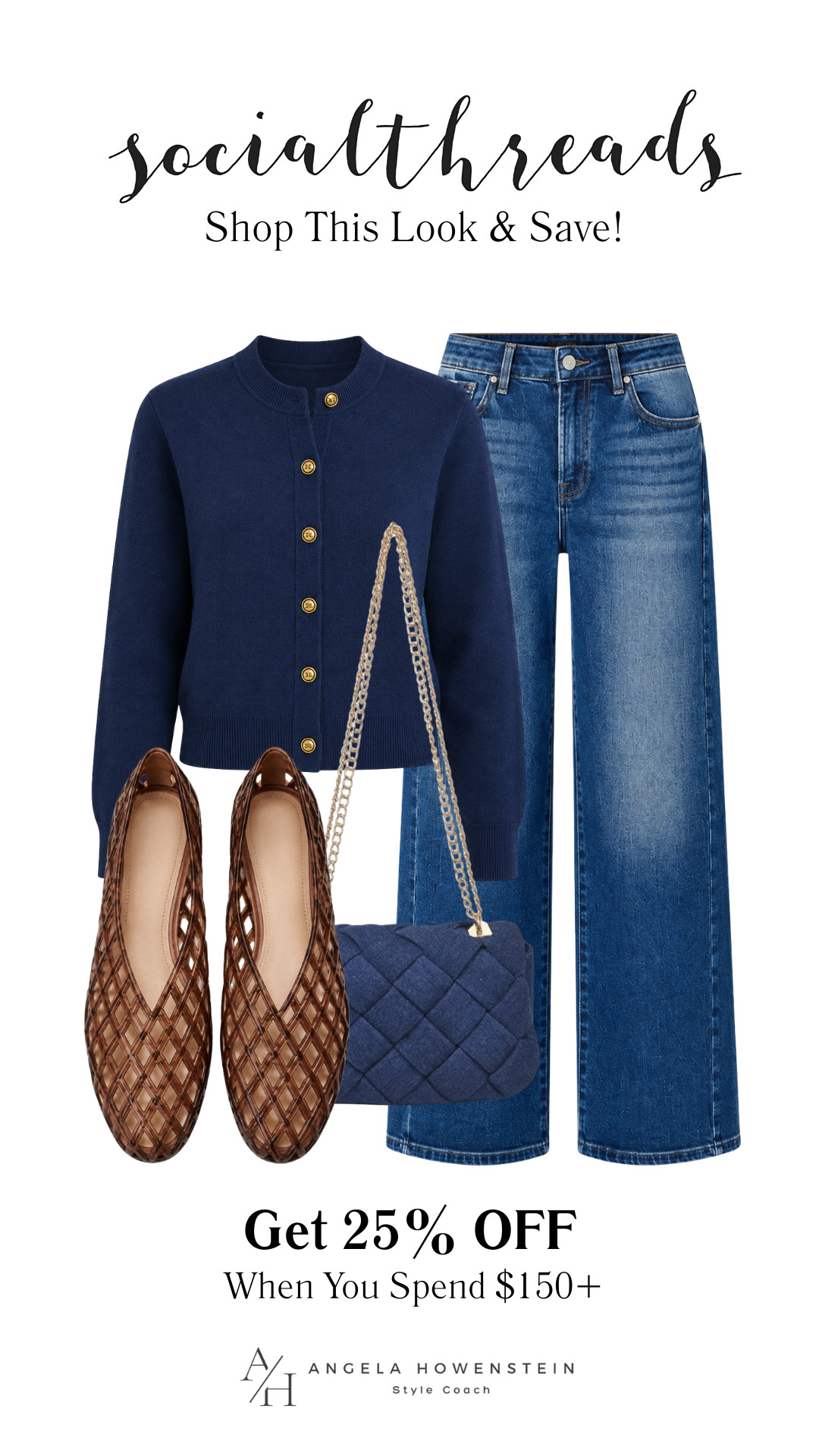 The Social Threads Fall Preview Sale is here! 🍂 Save 25% OFF when you spend $150+ on the Fall Preview Collection. It's the perfect time to grab those timeless pieces before the season begins.

This navy cardigan and wide leg jeans are an easy combination you'll wear on repeat. Add woven flats and a quilted bag for a polished everyday look.

👩‍💻 LTK PRO TIPS
❤️ Heart = Support my posts ;-)
🔖 Save = Get sale & restock alerts for the things you love!
📋 Lists = Keep favorites organized (List ideas: Christmas, Birthdays, and Vacations!)
📲 Share = Send lists and products to a friend (or your daughters like me).
💬 Comment = Ask me anything, and I'll answer. ;-) 

 #LTKootd #LTKOver40 #LTKSaleAlert