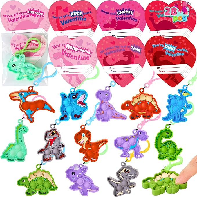 JOYIN 28 Packs Valentine's Day Cards with Pop Fidget Keychain Toys, 14 Styles Dinosaur Stress Anx... | Amazon (US)