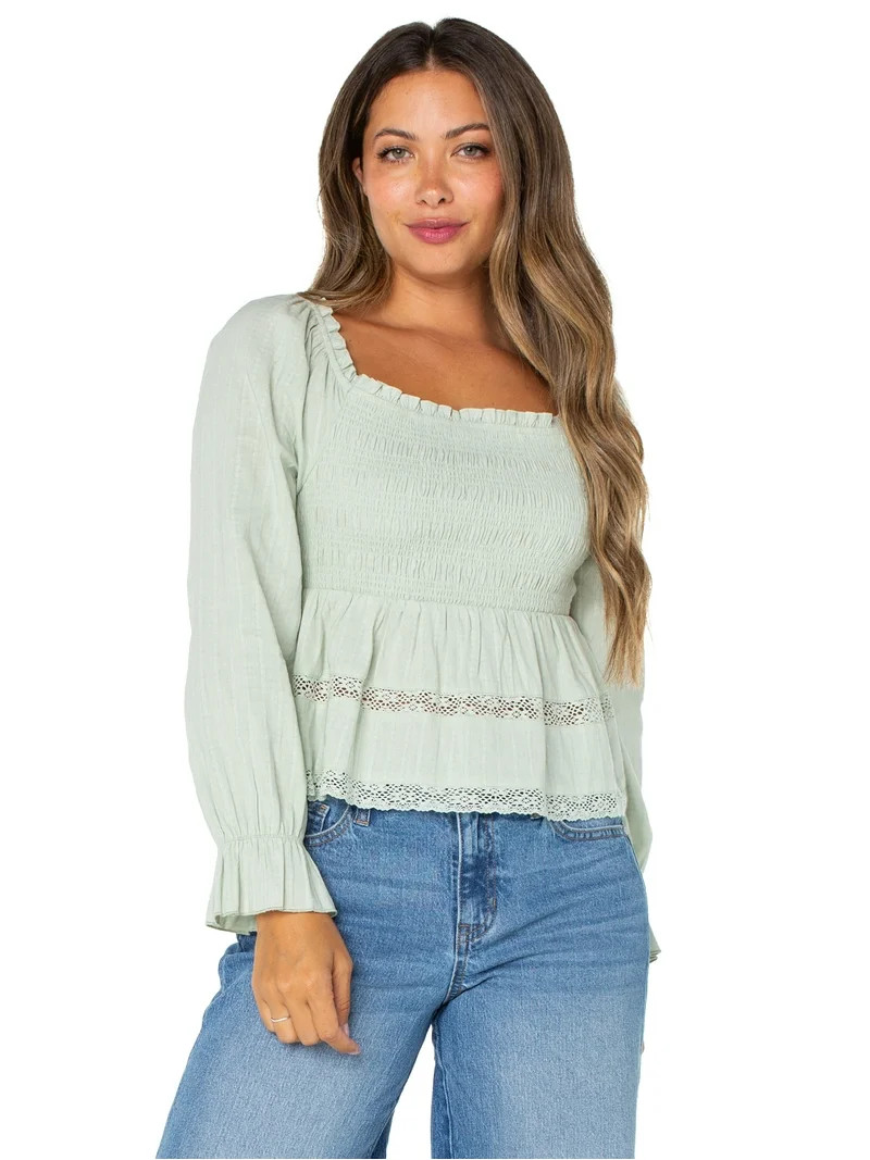 Celebrity Pink Women's Smocked Ruffle Long Sleeve Top, Sizes XS-XXXL | Walmart (US)