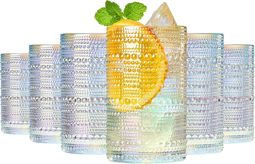 Hobnail Beaded Highball Drinking Tumbler Glasses | Set of 6 | Clear, Vintage Bubble Design Whiske... | Amazon (US)