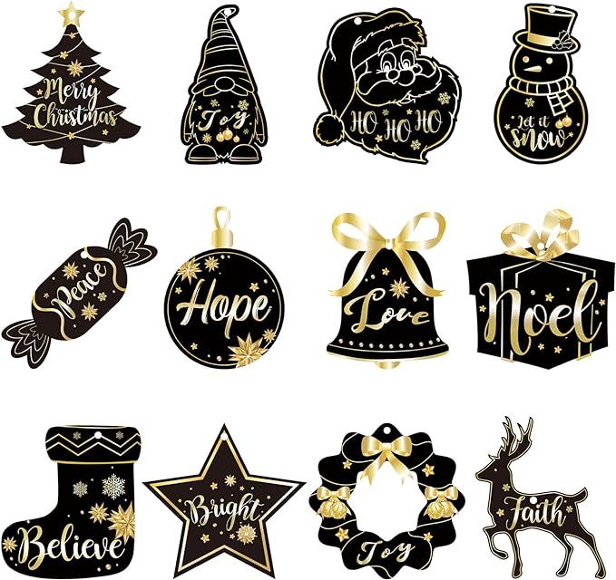Amazon.com: 24 Pcs Christmas Wooden Ornaments Black and Gold Xmas Ornaments Christmas Tree Hangin... | Amazon (US)