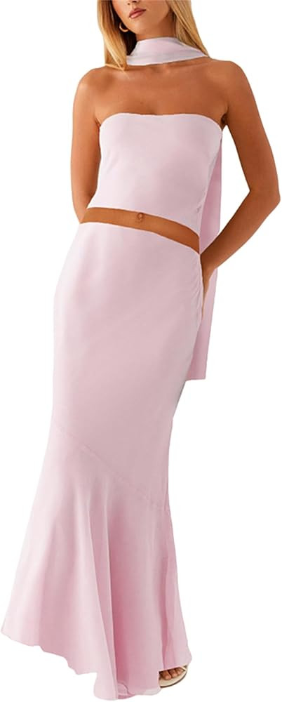 Women Y2K Maxi Skirt Set with Scarf Summer 2 Piece Outfits Floral Printing Bandeau Tube Top Bodyc... | Amazon (US)