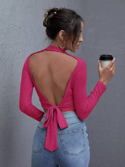 SHEIN Ribbed Open-Back Long Sleeve Cropped Tee | SHEIN