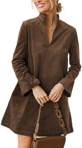 Women Corduroy Dress V Neck Long Sleeve Casual Vintage Retro A Line Mini Dresses | Amazon (US)
