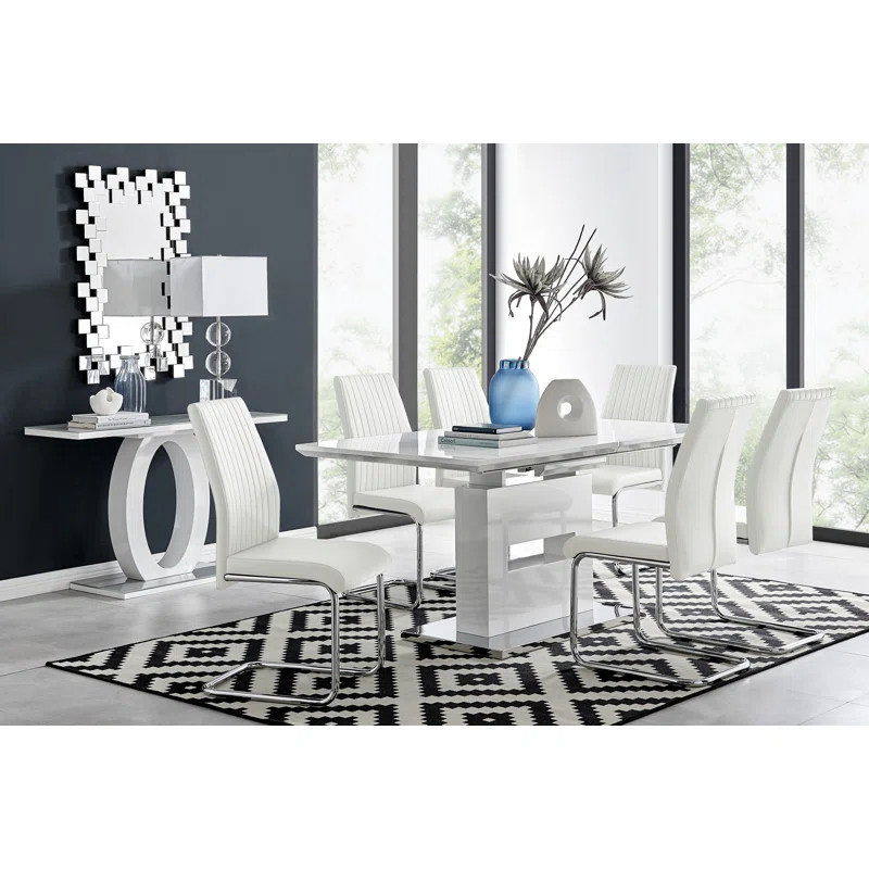 Areza High Gloss Extendable Dining Table Set with 8 Luxury Faux Leather Dining Chairs | Wayfair North America