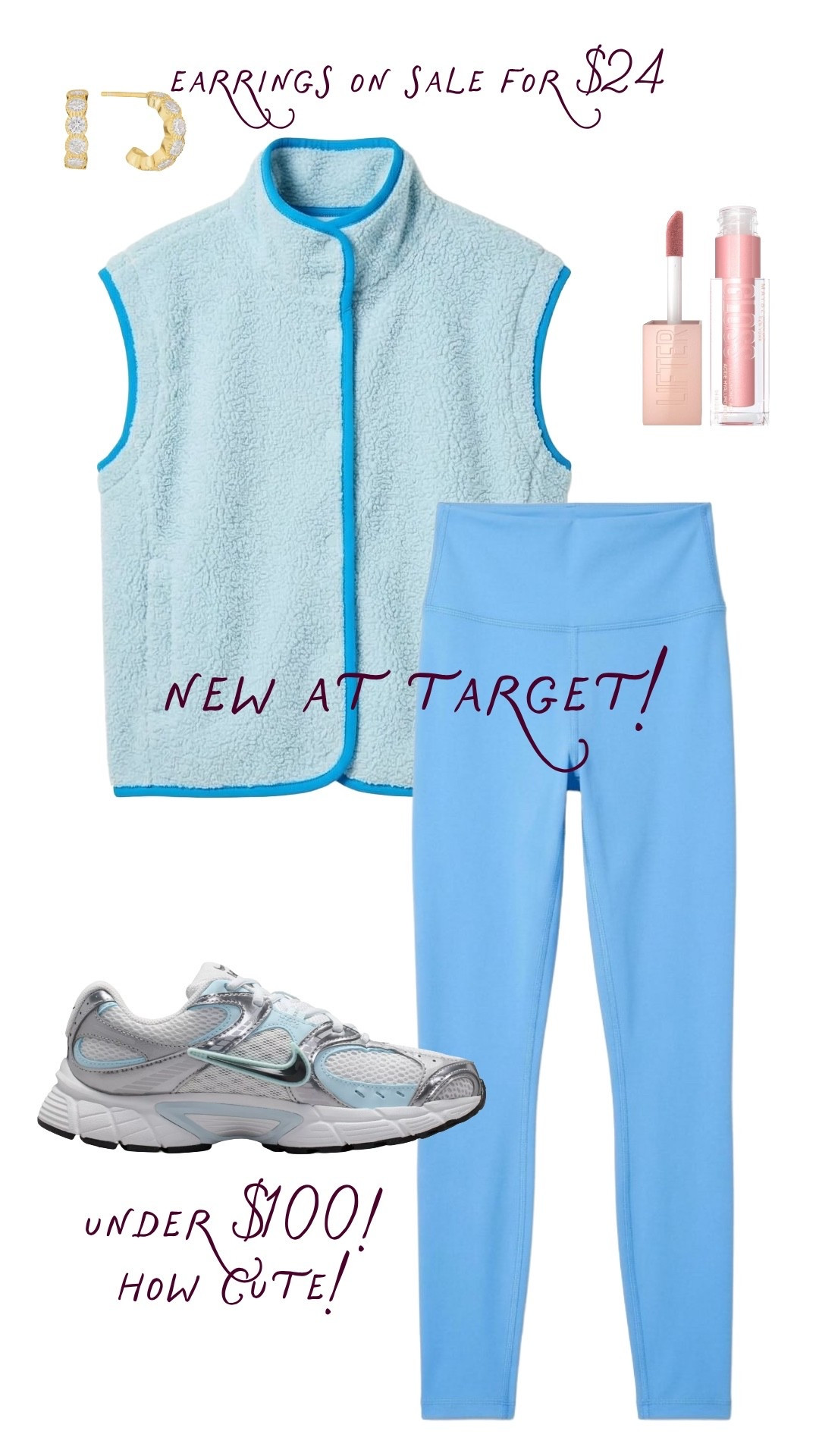 Colorful athleisure will always win for me, and these new Target pieces are so fun. I love the blue leggings with the sherpa vest, Nike sneakers under $100, and a little beauty find thrown in too! 

 #LTKgrwm #LTKootd #LTKActive