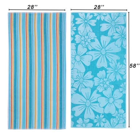 Mainstays 2pk Cotton Beach Towel, 58 x 28 in, Flowers & Stripes | Walmart (US)