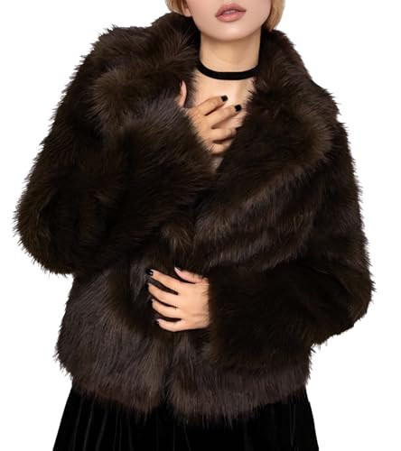 Yimoon Womens Faux Fur Coat Fluffy Jacket Long Sleeve Lapel Furry Warm Winter Shaggy Parka Short Coat with Pockets(Coffe-L) | Amazon (US)