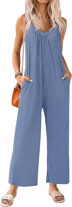 Ekouaer Sleeveless Womens Jumpsuits Ribbed Adjustable Spaghetti Strap Loose Long Pants Romper Jum... | Amazon (CA)