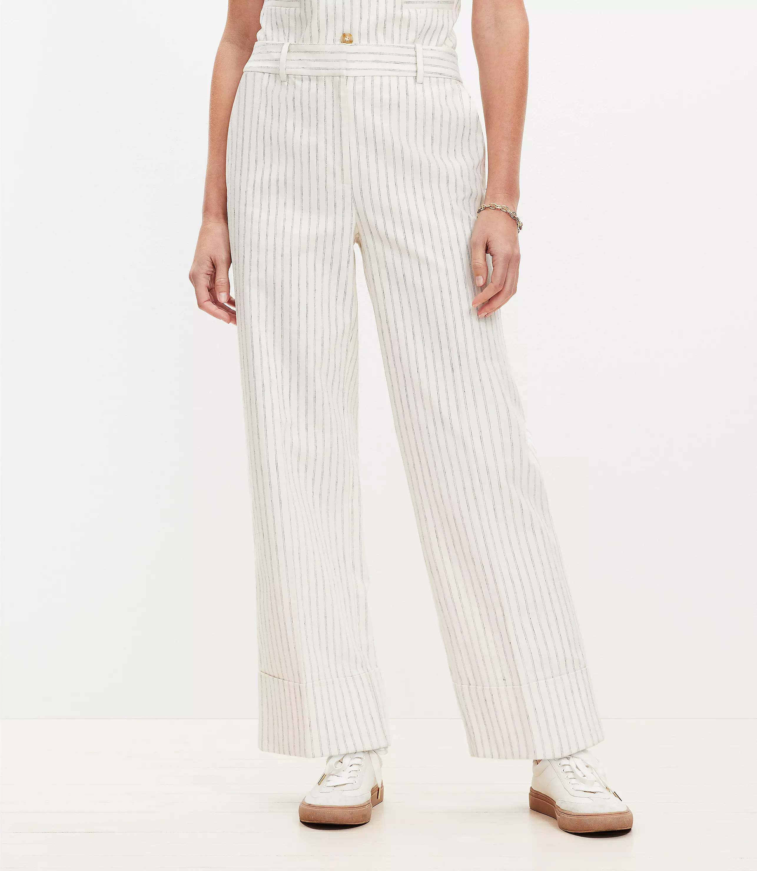 Curvy Cuffed Ankle Pants in Striped Cotton Linen | LOFT