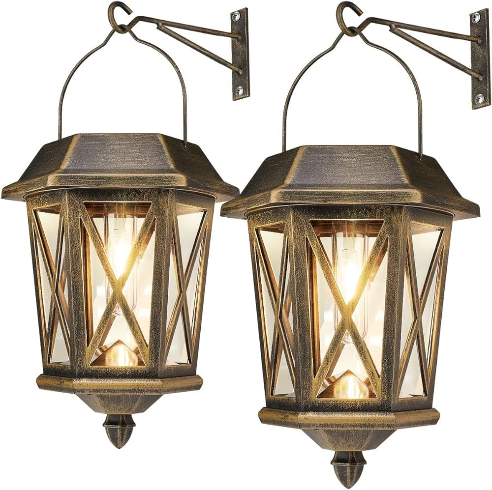 Solar Wall Lantern Lights 2 Pack,Outdoor Hanging Solar Lights Decoration,Anti-Rust & Waterproof Stainless Wall Lights,Vintage Rust Color + UV Protection with Glass Lampshade,3000K Warm | Amazon (US)