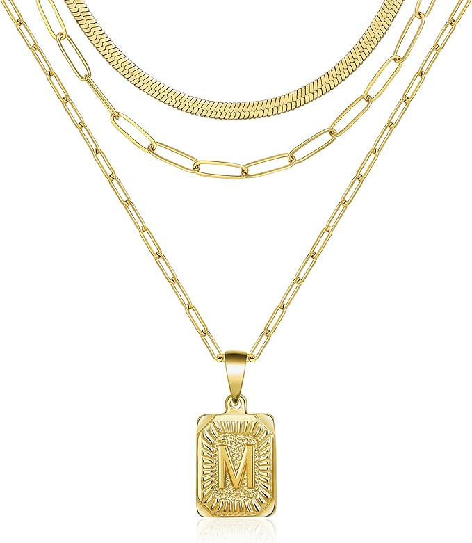 Dainty Layered Initial Necklaces for Women, 18K Gold Plated Paperclip Chain Necklace Simple Cute ... | Amazon (US)