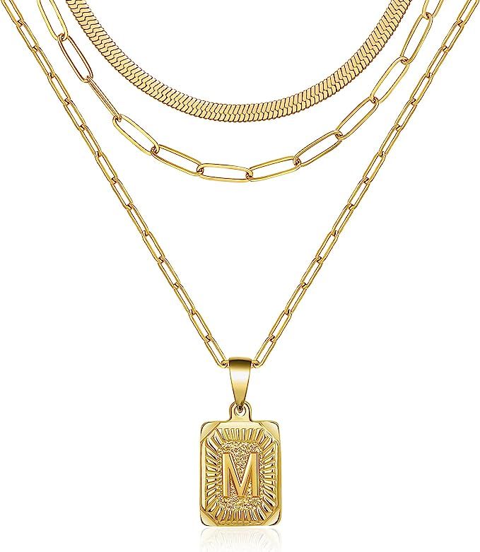 Dainty Layered Initial Necklaces for Women, 18K Gold Plated Paperclip Chain Necklace Simple Cute ... | Amazon (US)