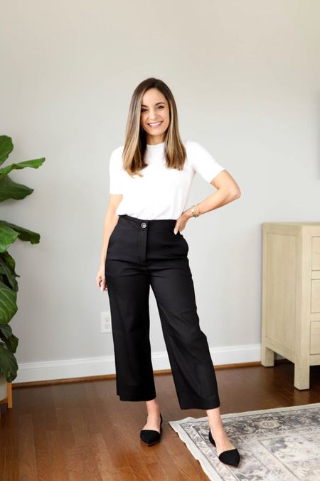 Ann Taylor Kate Cropped Wide Leg 

Pants petite 00 (this pair runs a little large, you may want to size down) 

Top linked is similar 
Shoes tts 

#LTKworkwear #LTKSeasonal #LTKstyletip
