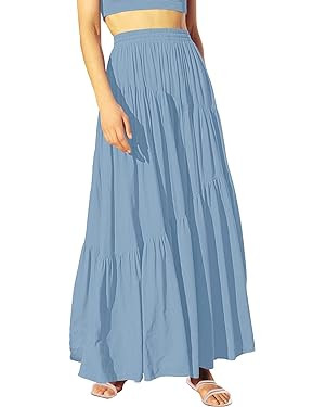 ANRABESS Women’s Boho Elastic High Waist Pleated A-Line Flowy Swing Asymmetric Tiered Maxi Long... | Amazon (US)