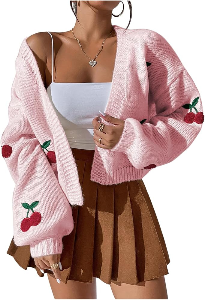 GORGLITTER Women's Cherry Cropped Cardigan Sweaters Open Front Long Sleeve Cute Chunky Knit Short... | Amazon (US)
