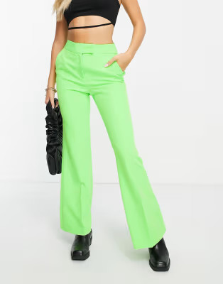 Topshop long skinny flare pant in neon green | ASOS (Global)