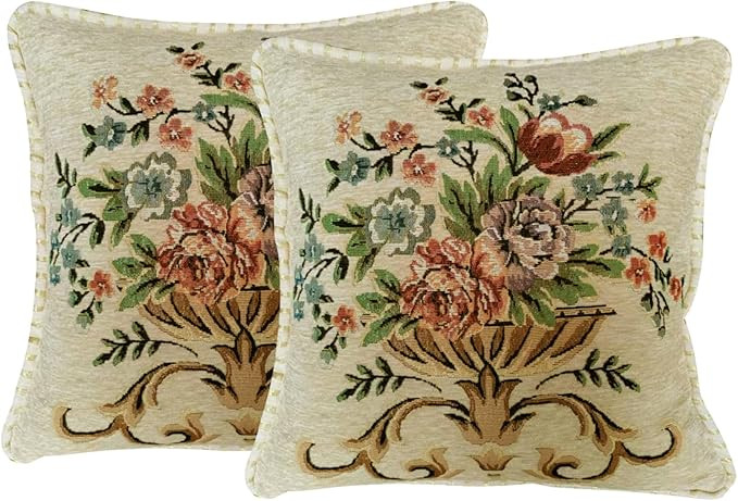 Set of 2 Beige Vintage Throw Pillows Covers 18x18in，Floral Embroidered Cushion Cover for Sofa B... | Amazon (US)