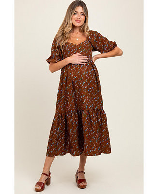PinkblushMaternity Mocha Floral Sweetheart Puff Sleeve Midi Dress | Macy's
