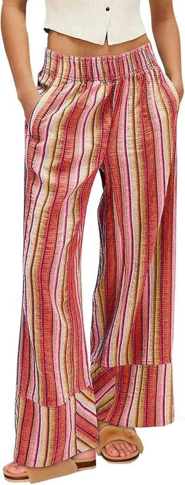 Cicy Bell Womens Wide Leg Lounge Pants Elastic High Waisted Striped Palazzo Pants Flowy Casual Be... | Amazon (US)
