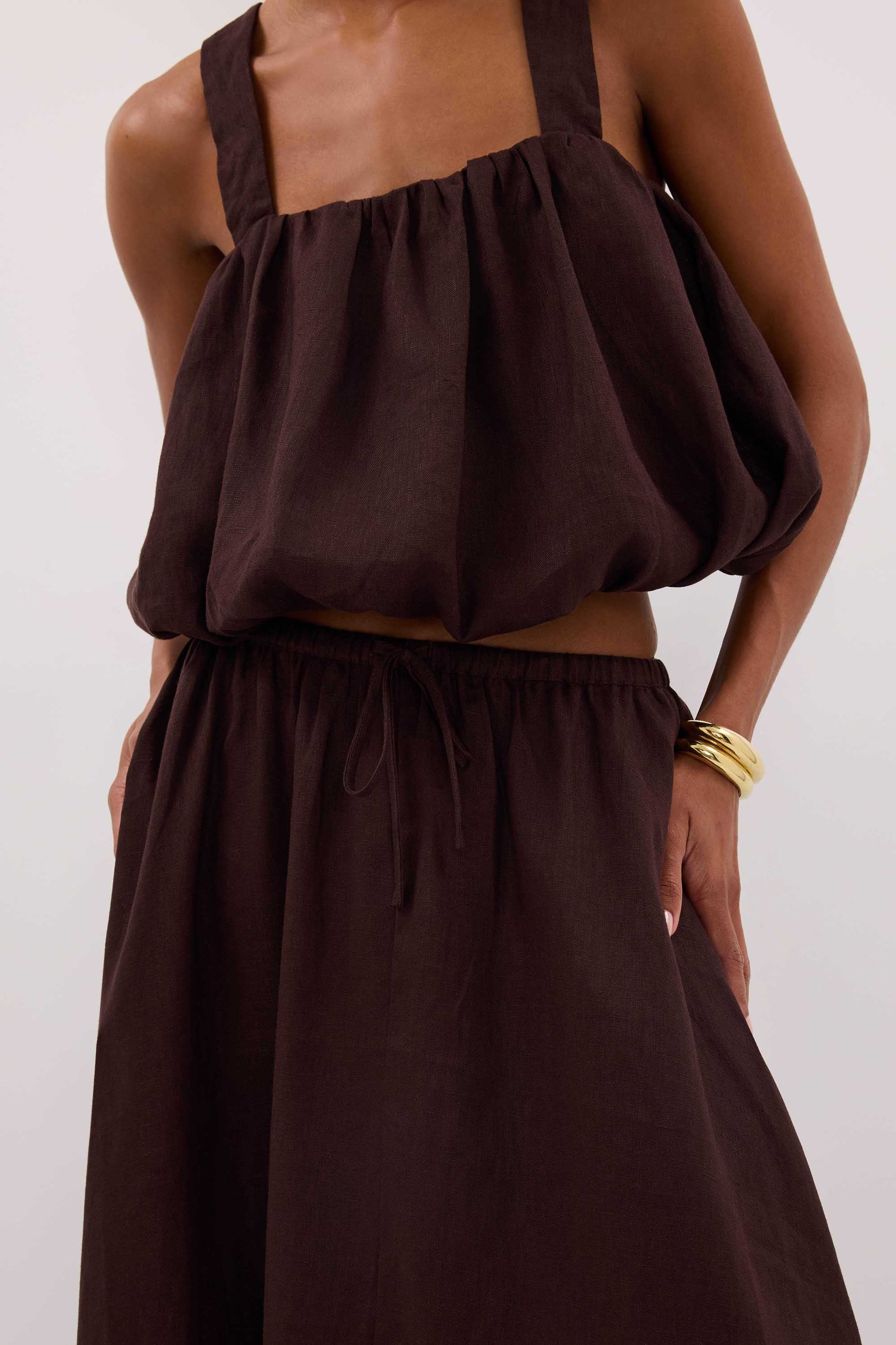 RAVELLO BURNT CHOC LINEN BUBBLE TOP | DISSH