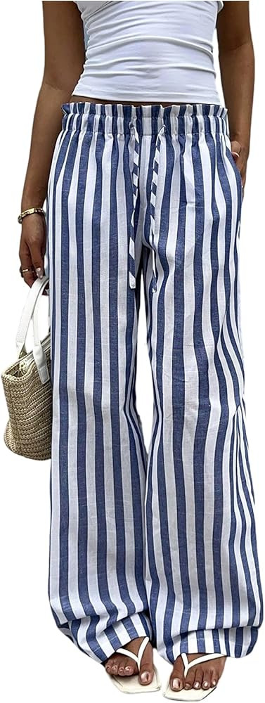 MakeMeChic Women's Striped Wide Leg Pants Tie Front Summer Beach Palazzo Trousers | Amazon (US)