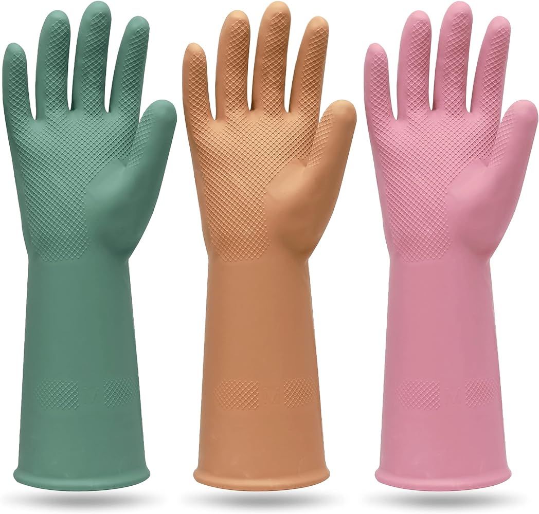 MAMISON 3 Pairs Colorful Reusable Waterproof Household Dishwashing Cleaning Rubber Gloves, Non-Sl... | Amazon (US)