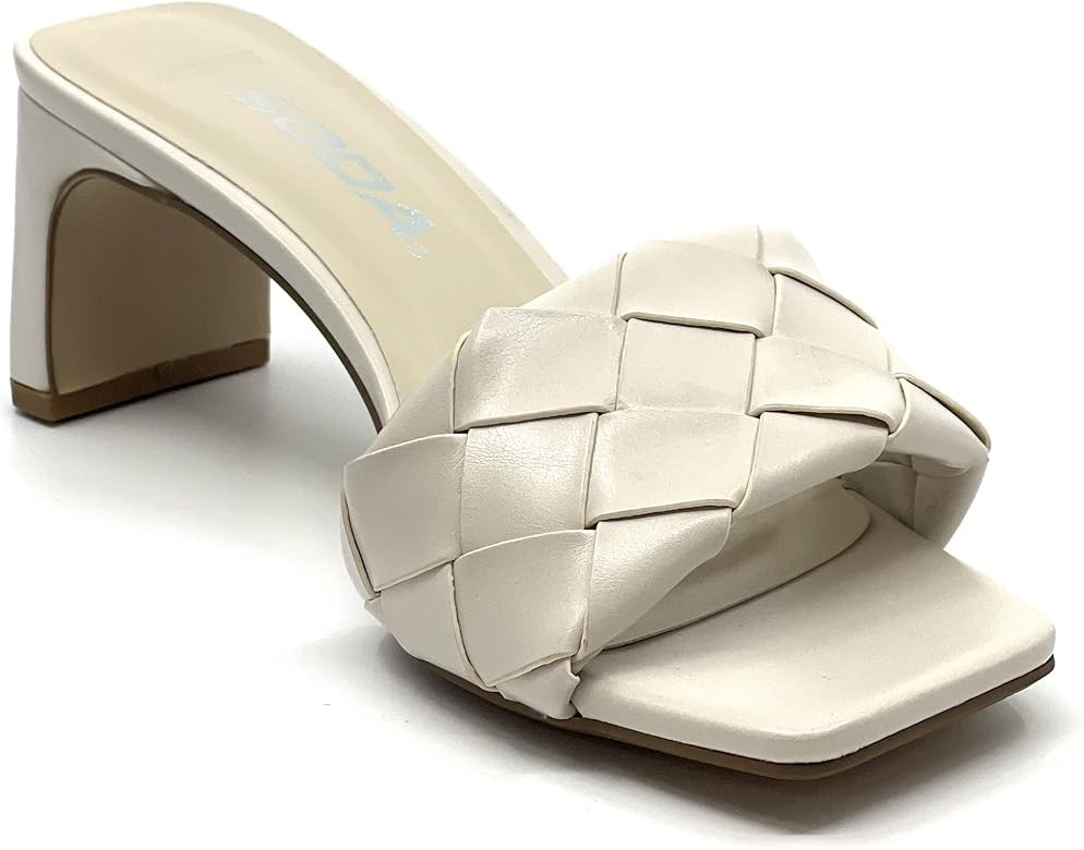 Womens Woven Heeled Sandals Backless Braided Strap Square Open Toe Slip On Block Heel Slides Casu... | Amazon (US)