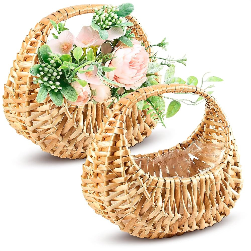 Small Flower Girl Basket Set of 2 – Small Wicker Basket with Handle & Waterproof Lining (6.3" ... | Amazon (US)
