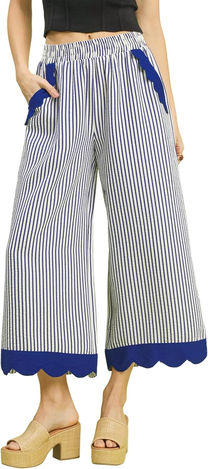 Faleave Women's Striped Wide Leg Cropped Pants Elastic Waist Scalloped Hem Casual Trousers with Pockets | Amazon (US)
