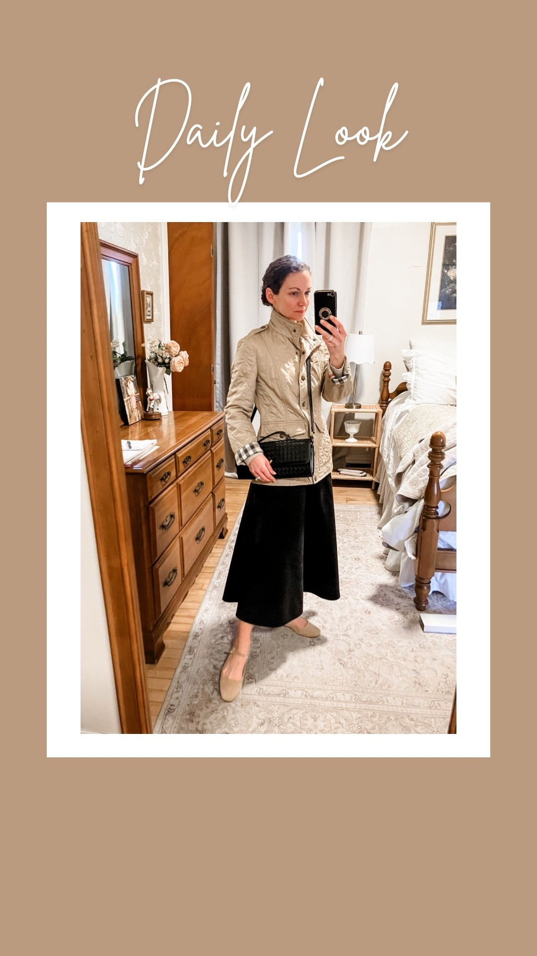 Neutral spring outfit!
Jacket is old from Burberry, linking similar. 
Black skirt from Amazon. 
Black handbag from Chicwish. 
Nude Mary Jane flats from a local boutique, linking similar. 
Earring from Kate Spade. 
Eternity band from Amazon. 
Petite outfit. Spring outfit. Modest outfit. Neutral outfit  

#LTKootd #LTKdayinmylife #LTKmomlife