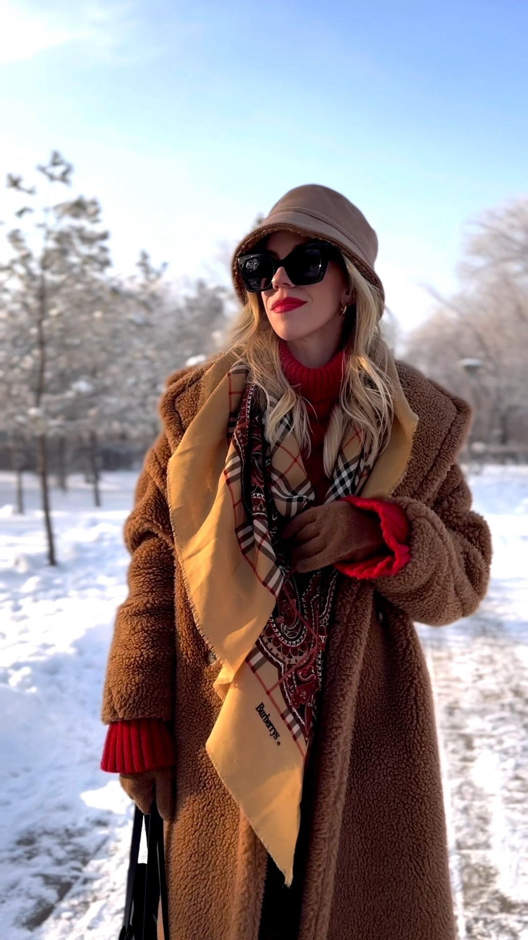 Holiday outfit, teddy coat, vintage plaid Burberry scarf, red sweater, shearling bucket hat, fleece lined leggings, Ugg classic boots, Max Mara teddy coat, snow day outfit, winter travel look 

#LTKHoliday #LTKFindsUnder100 #LTKSeasonal