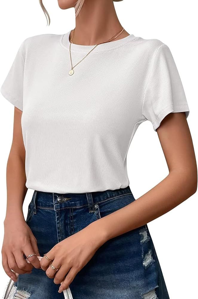 Womens Short Sleeve T Shirts Crewneck Slim Tshirt Ribbed Basic Tees Trendy Summer Tops | Amazon (US)