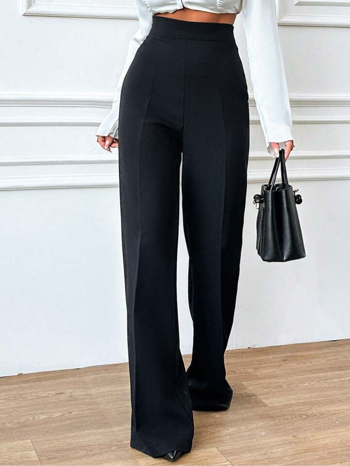 SHEIN Women's High-Waist Solid Color Casual Wide-Leg Pants, Full Length | SHEIN