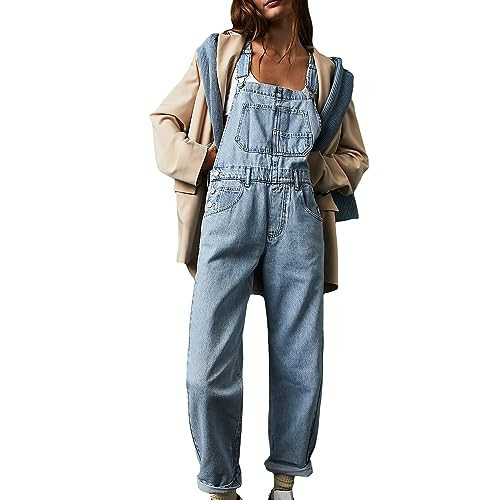 Denim Overalls for Women Loose Fit Classic Bib Casual Jean Stretchy Denim Overall Jumpsuit Tapered Leg Jean Pants (Light Blue, S) | Amazon (US)