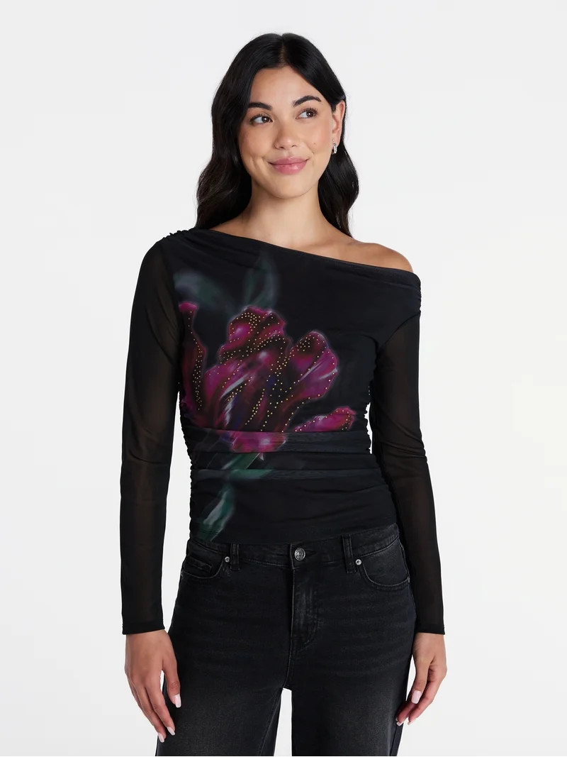 Madden NYC Women\u2019s Asymmetrical Mesh Top with Long Sleeves, Sizes XXS-XXL | Walmart (US)