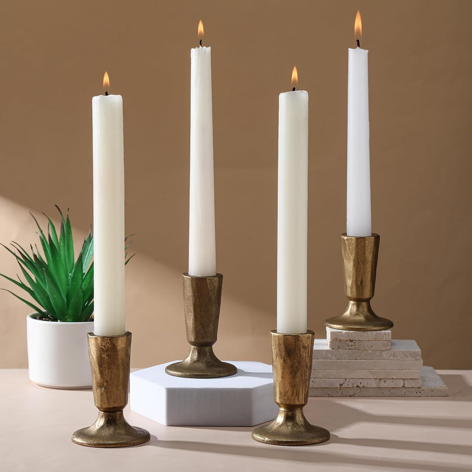 Mumufy Set of 4 Brass Taper Candle Holders Antique Vintage Candlestick Holders Brass Iron Taper Candlestick Decorative Candle Stand Decor for Weddings Dining Parties Timeless Décor Accent | Amazon (US)