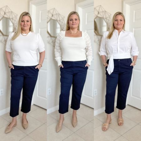 Navy chino pants with three white tops! Chinos run a little roomy- size down if between sizes. I’m wearing the large. Tops all fit TTS  

#LTKmidsize #LTKworkwear #LTKover40