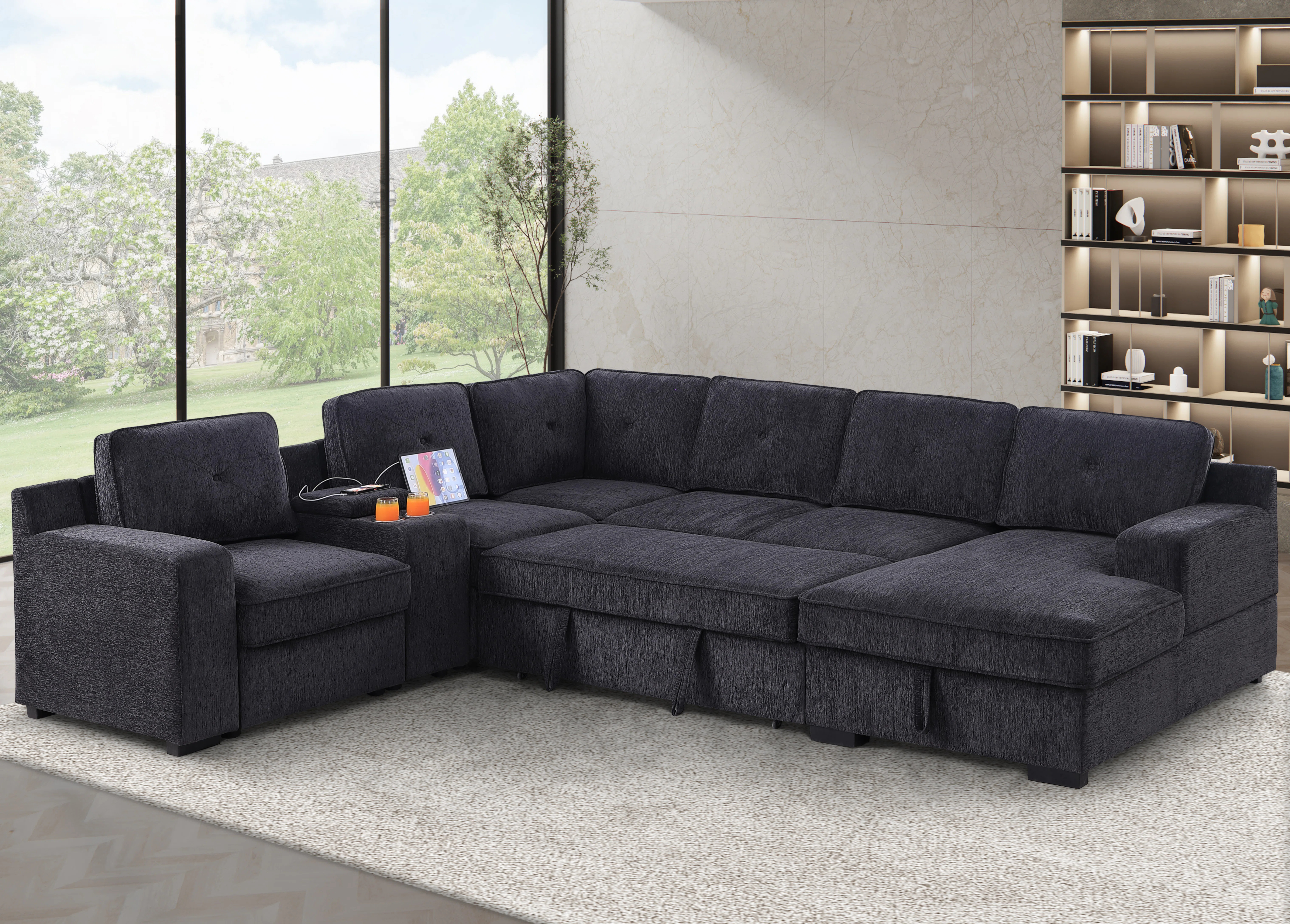 U-Shaped Upholstered Sectional with Sleeper Sofa, Console with USB & Chaise | Wayfair North America
