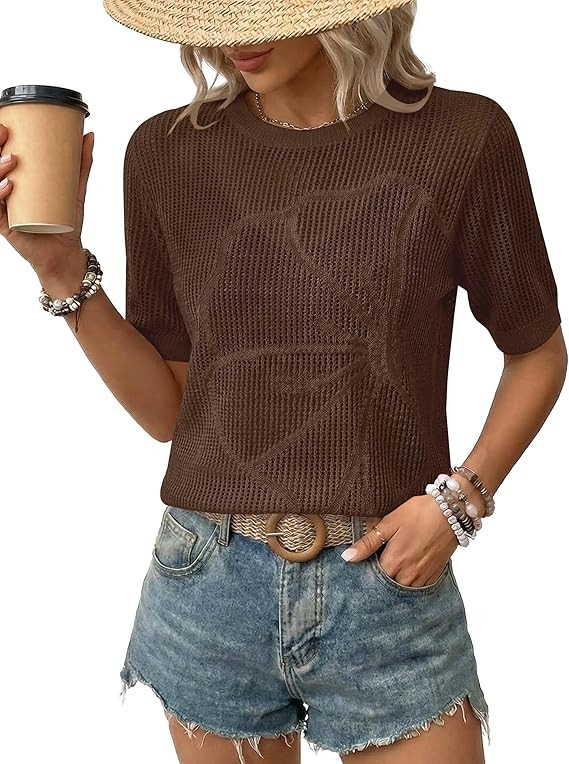 LaGracia Crochet Tops for Women Short Sleeve Swimsuit Coverups Crewneck Hollow Out Summer Sweater... | Amazon (US)