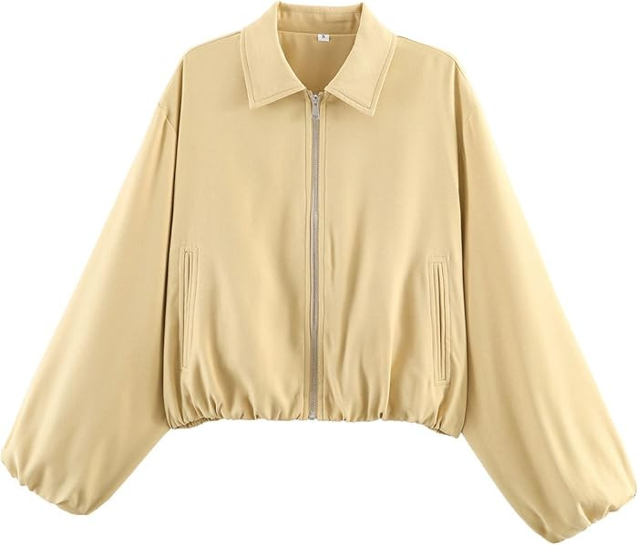 Xunger Women\u2019s Cropped Bomber Jacket Puffed Sleeves Zip Up Trendy Casual Streetwear Outerwea... | Amazon (US)