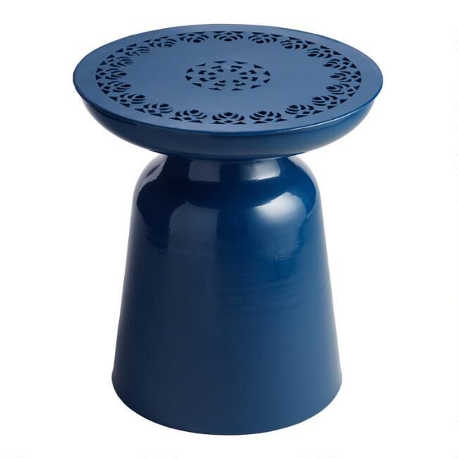 Peacoat Blue Punched Metal Dimitri Outdoor Drum Stool | World Market